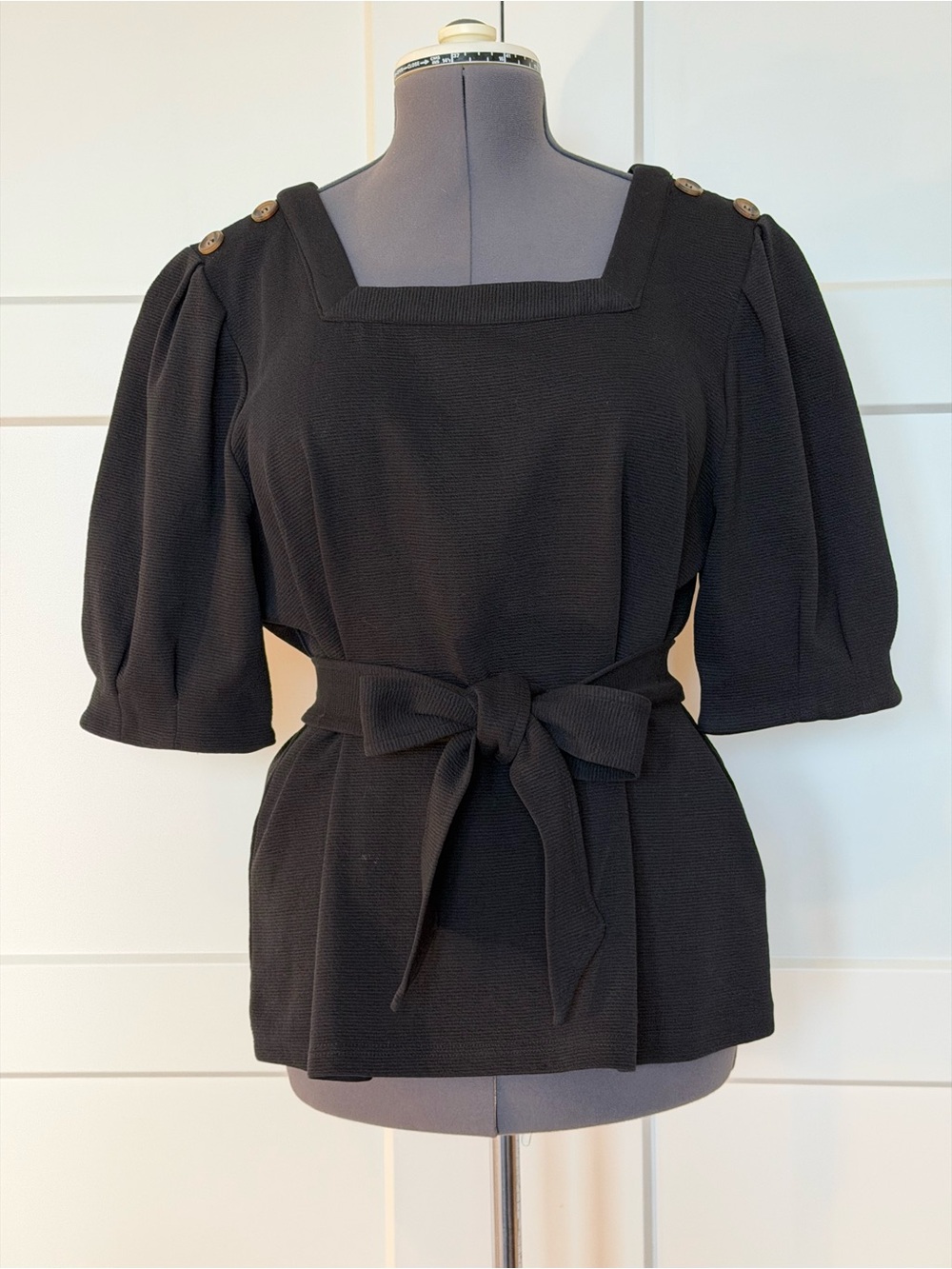 Anthropologie Black Square-Neck Puff Sleeve Tie-Waist Blouse